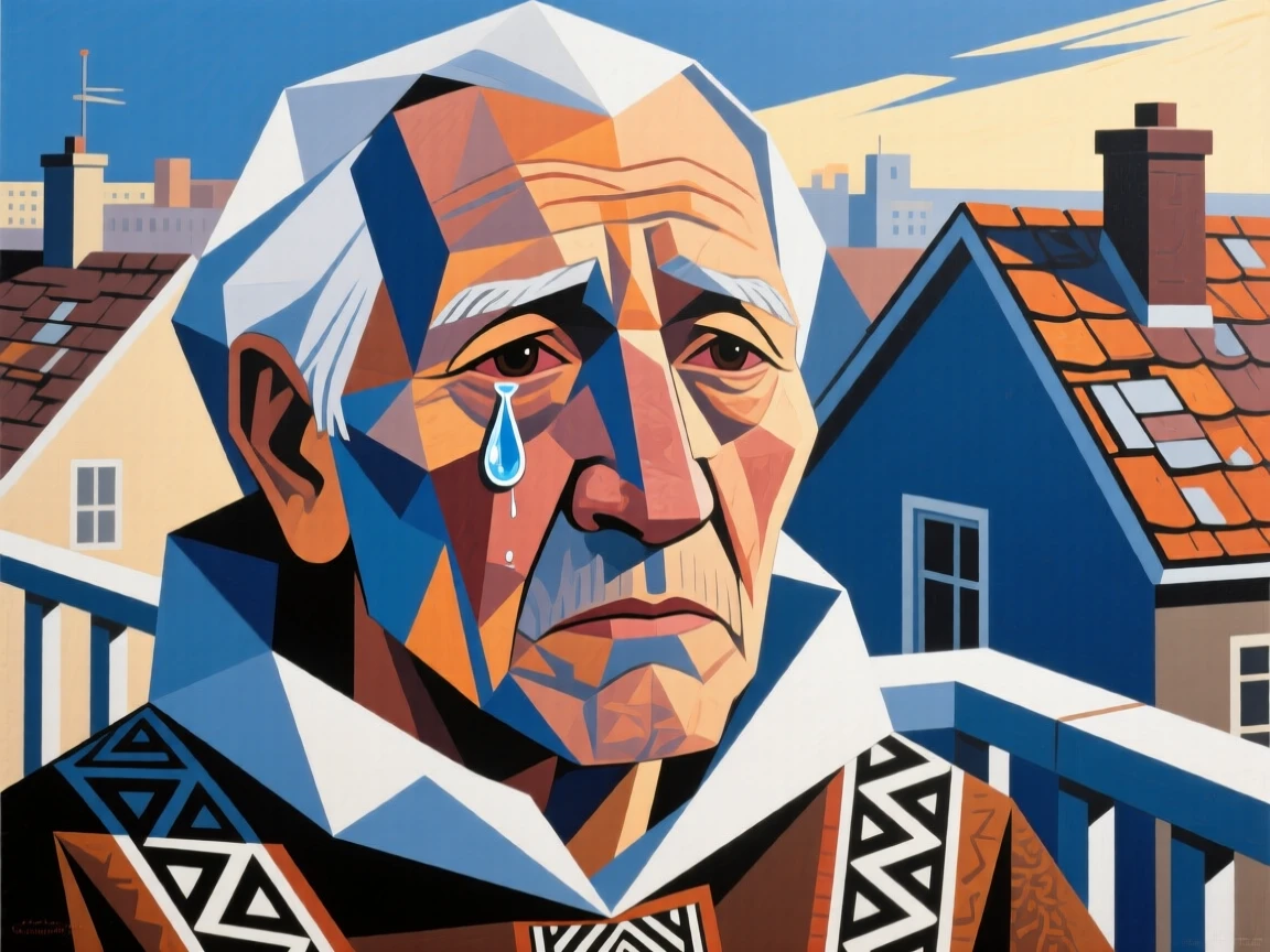 A close-up portrait of a grandfather of Inuit heritage, shedding a single tear of relief, on a sunlit balcony overlooking rooftops.