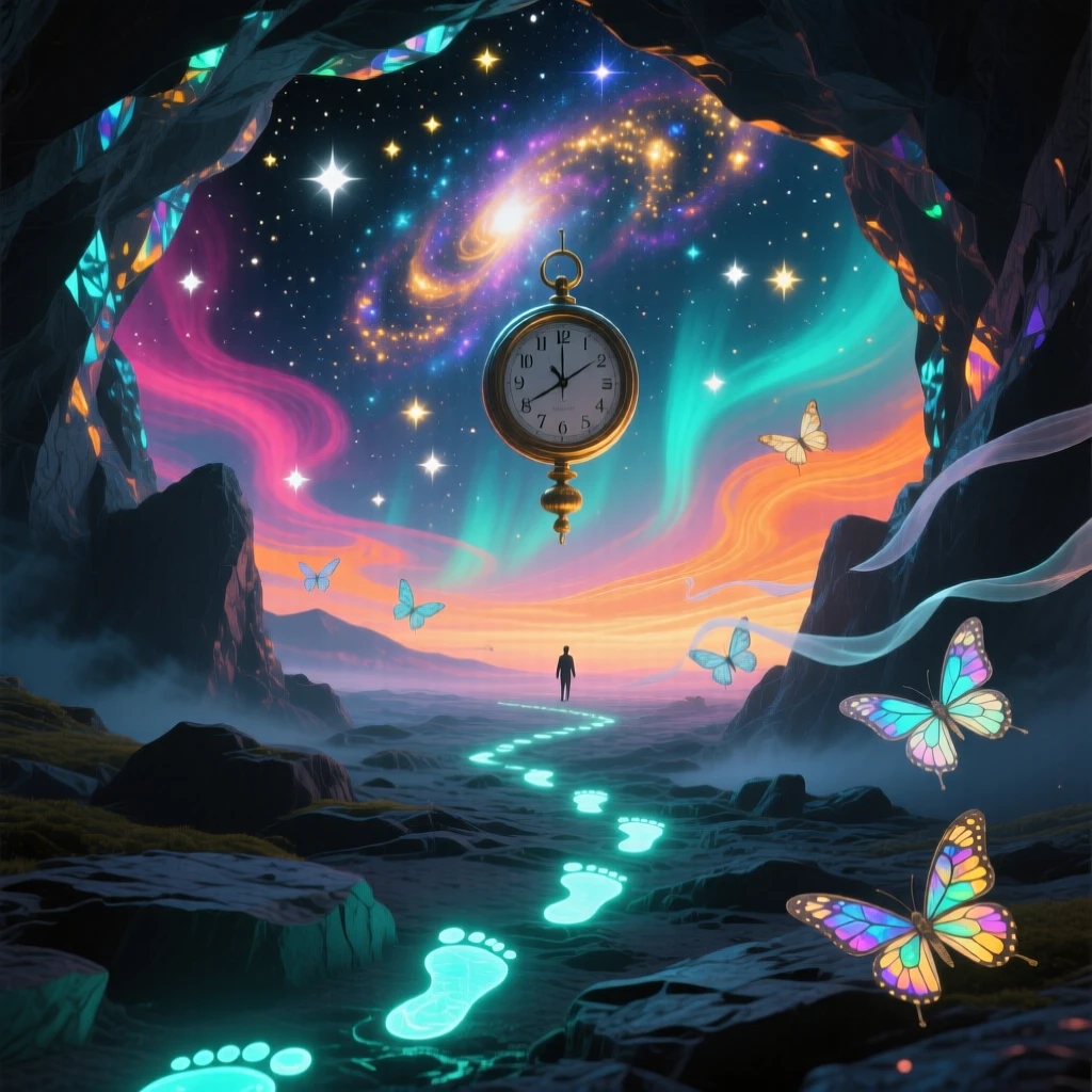 A cave that opens into a sky full of stars instead of stone stretches endlessly beneath a sky of shifting colors, while a trail of glowing footprints marks a path forward.