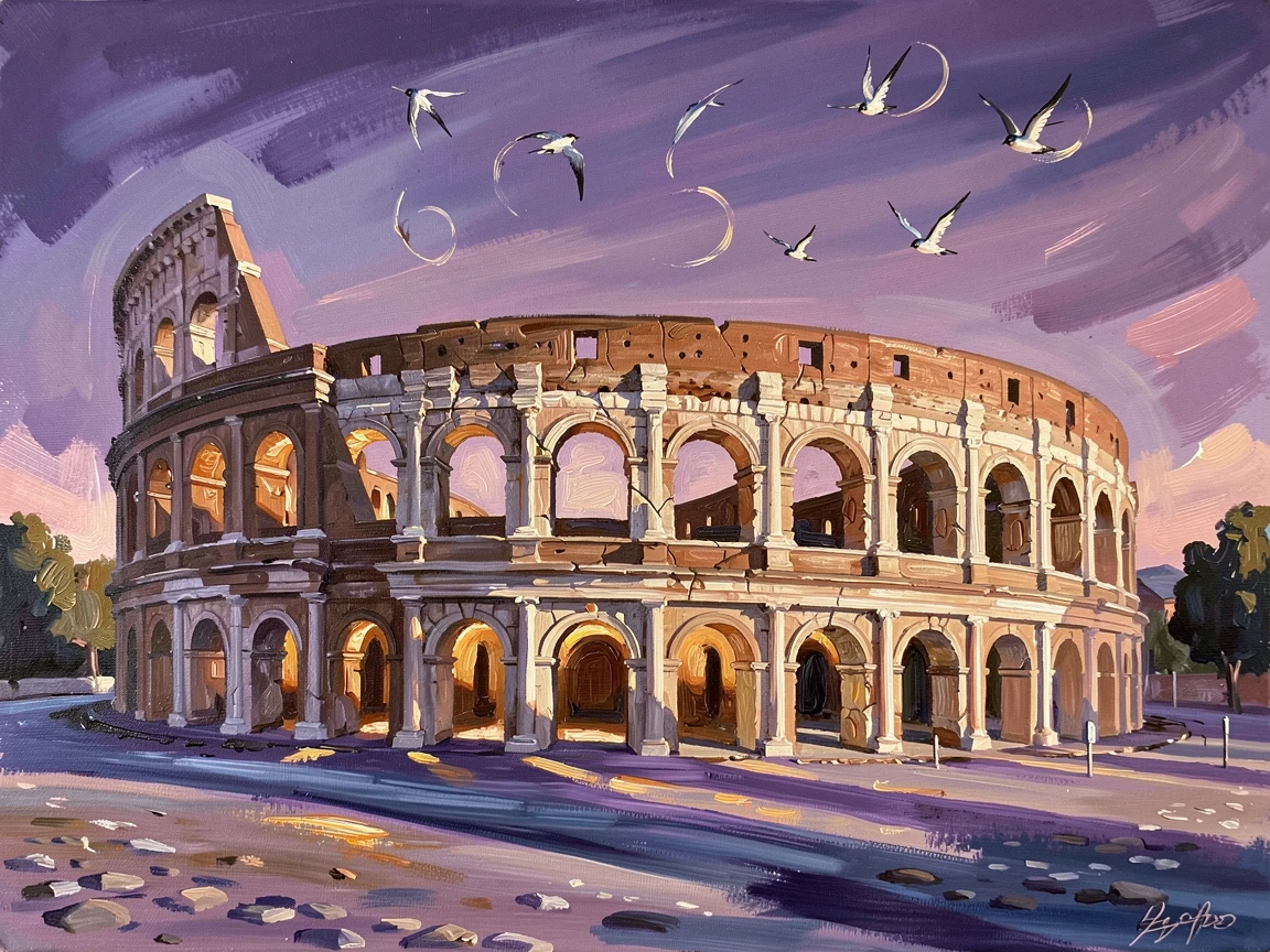 The Colosseum stands illuminated at dusk in Rome, its ancient arches glowing warm against a deepening violet sky filled with circling swallows, the changing light of the hour casting long shadows that add depth to every surface.