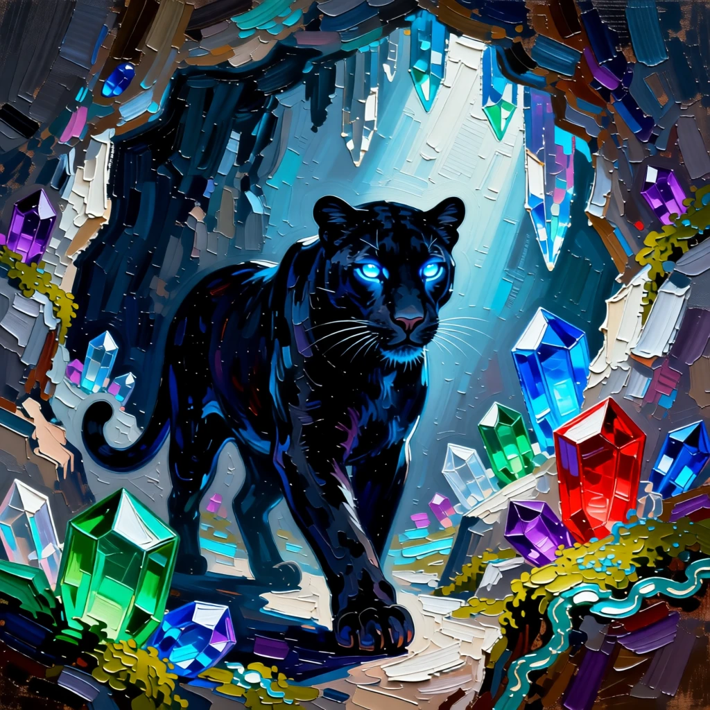 a shadow panther with glowing eyes awakening within a crystal cavern lit by glowing gems