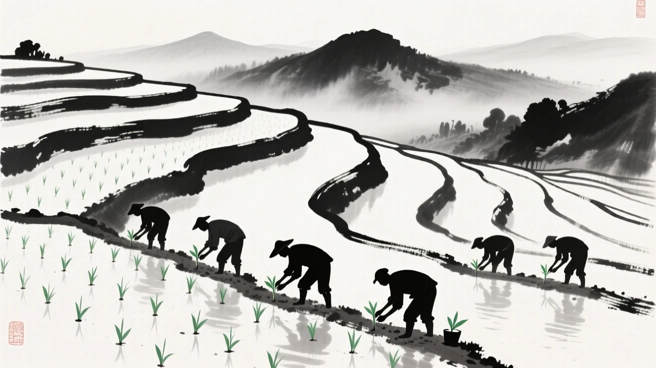 Workers plant seedlings in neat rows across a terraced hillside, with distant mountains reflected in the flooded fields.