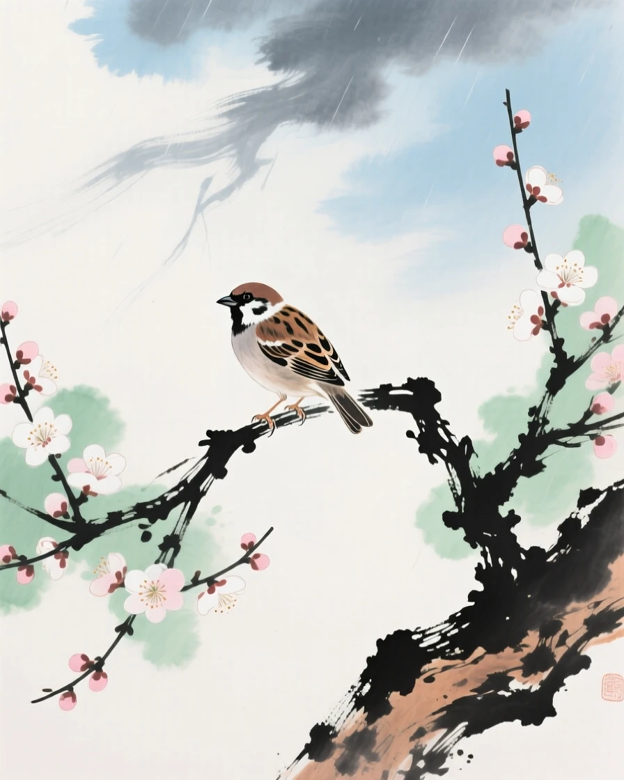 A small sparrow perched on a blossoming plum branch, under clearing skies after a storm.