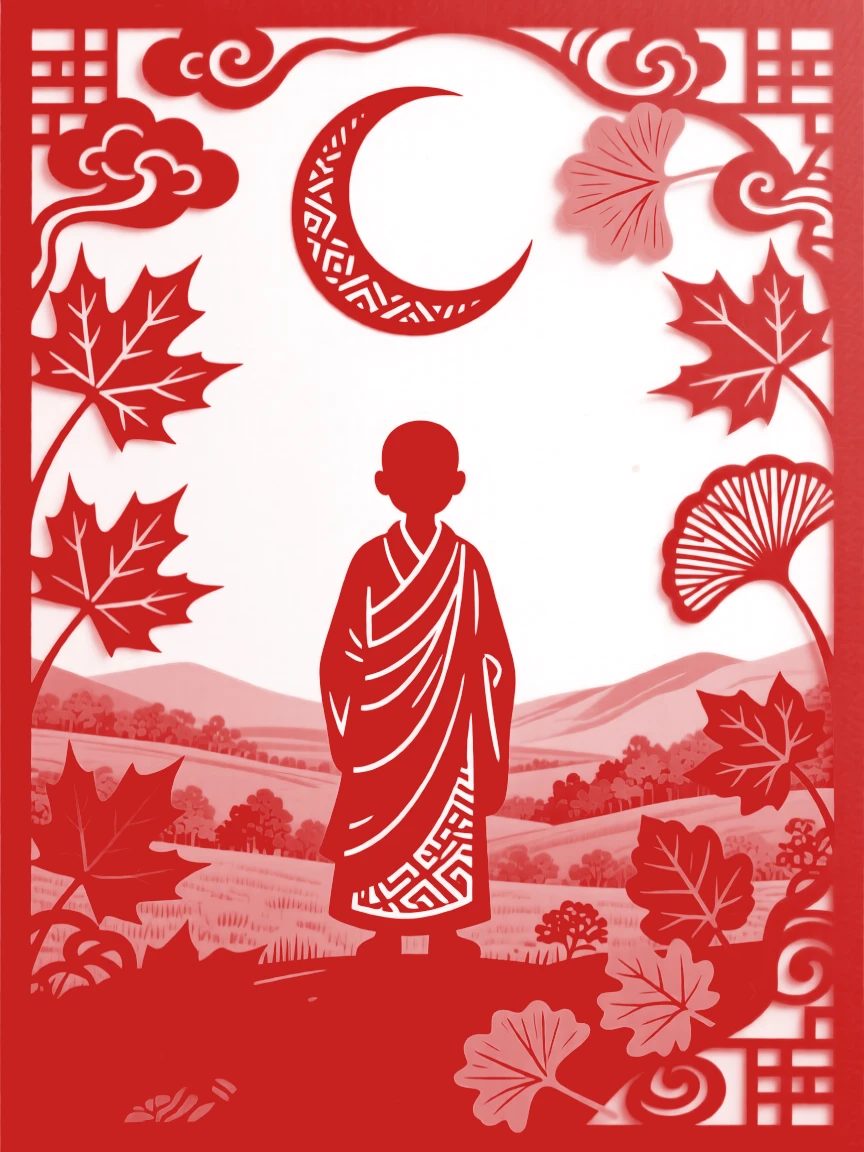 A composition of a young monk across a golden autumn valley, a crescent moon rising above the ridgeline.