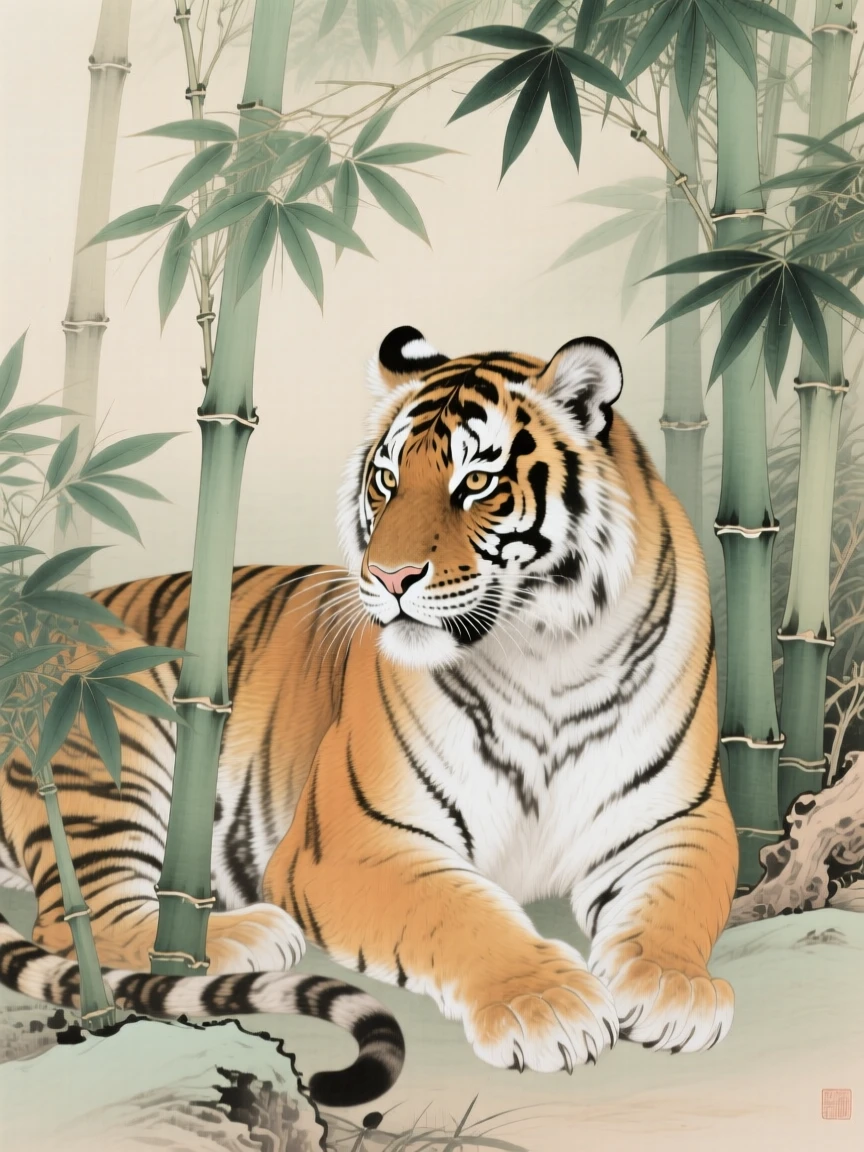 A tiger nestled among bamboo stalks