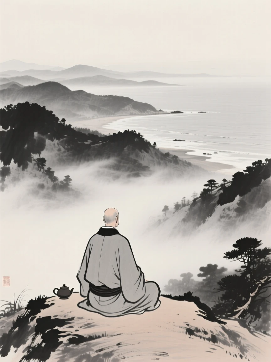 A tea master gazing out over a misty valley on a hillside overlooking the sea, seen from behind, gazing out toward the horizon, suggesting harmony between people and their surroundings.