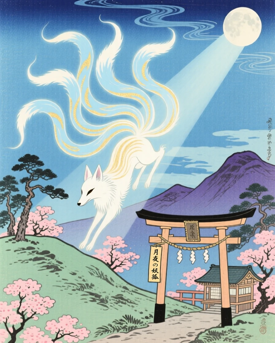 A glowing spirit fox descending on a beam of soft moonlight.