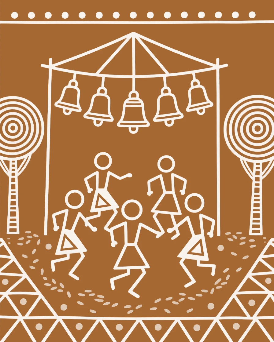 A group of dancers performing a ritual dance beneath a canopy of temple bells.