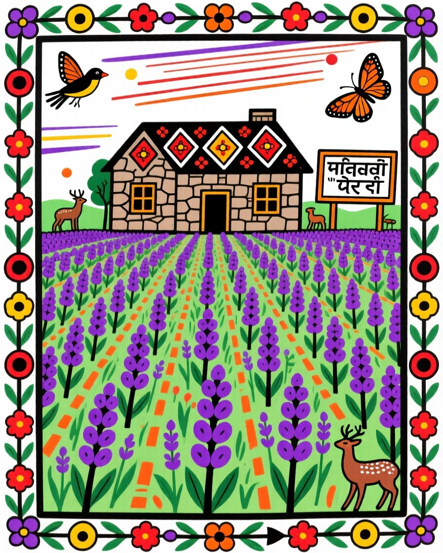 A field of wild lavender rolling toward a distant stone farmhouse.