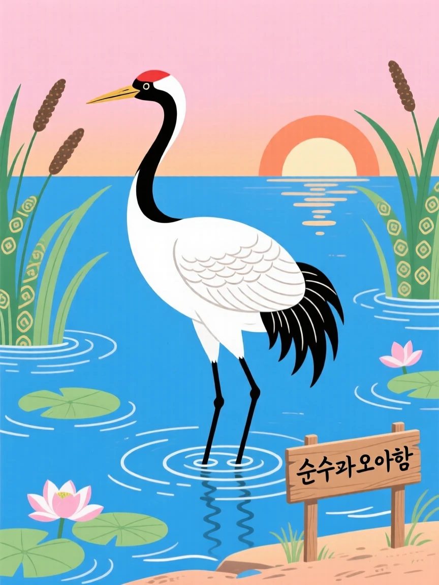 A single white crane standing in shallow water at dawn, symbolizing purity and grace.
