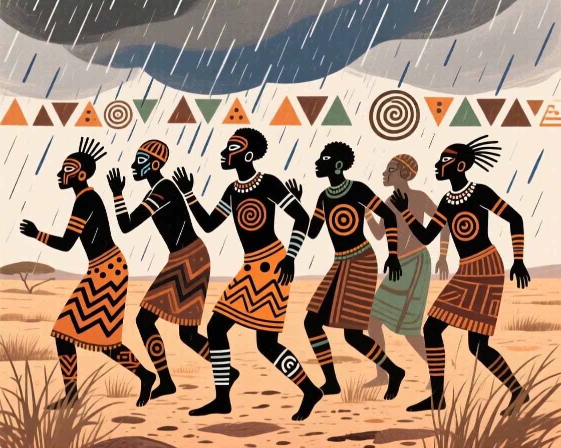 A sudden rainstorm sweeping across the dry plain.