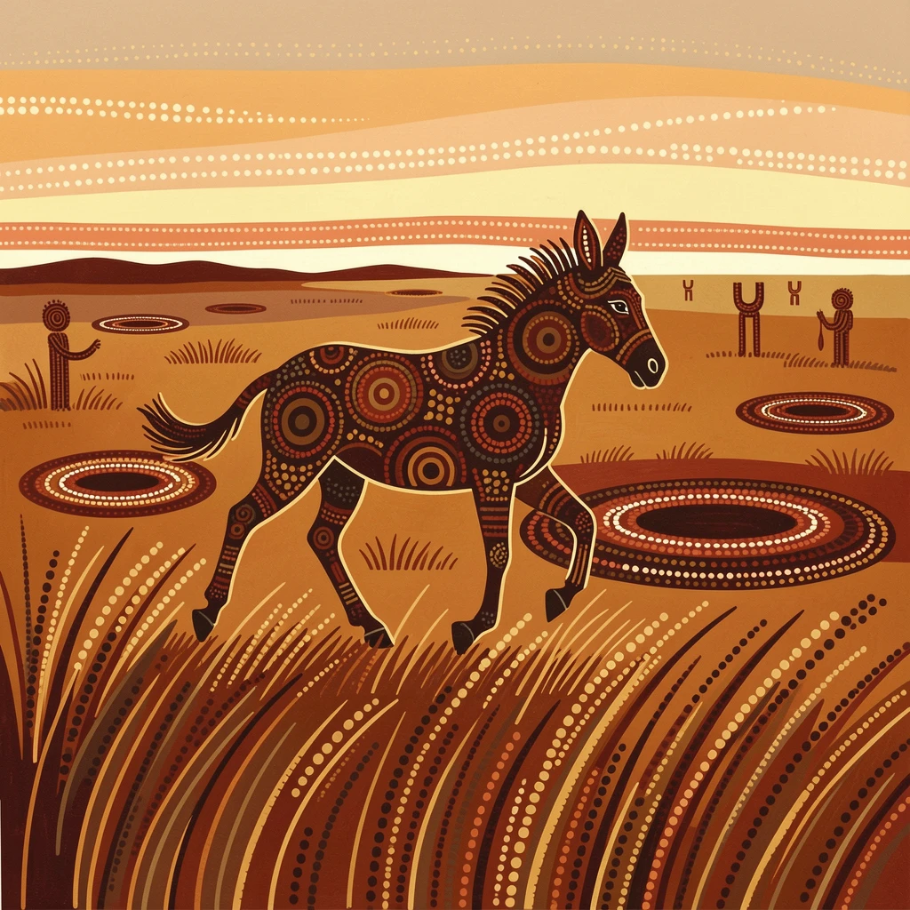 A brumby crossing an open grassland at dawn