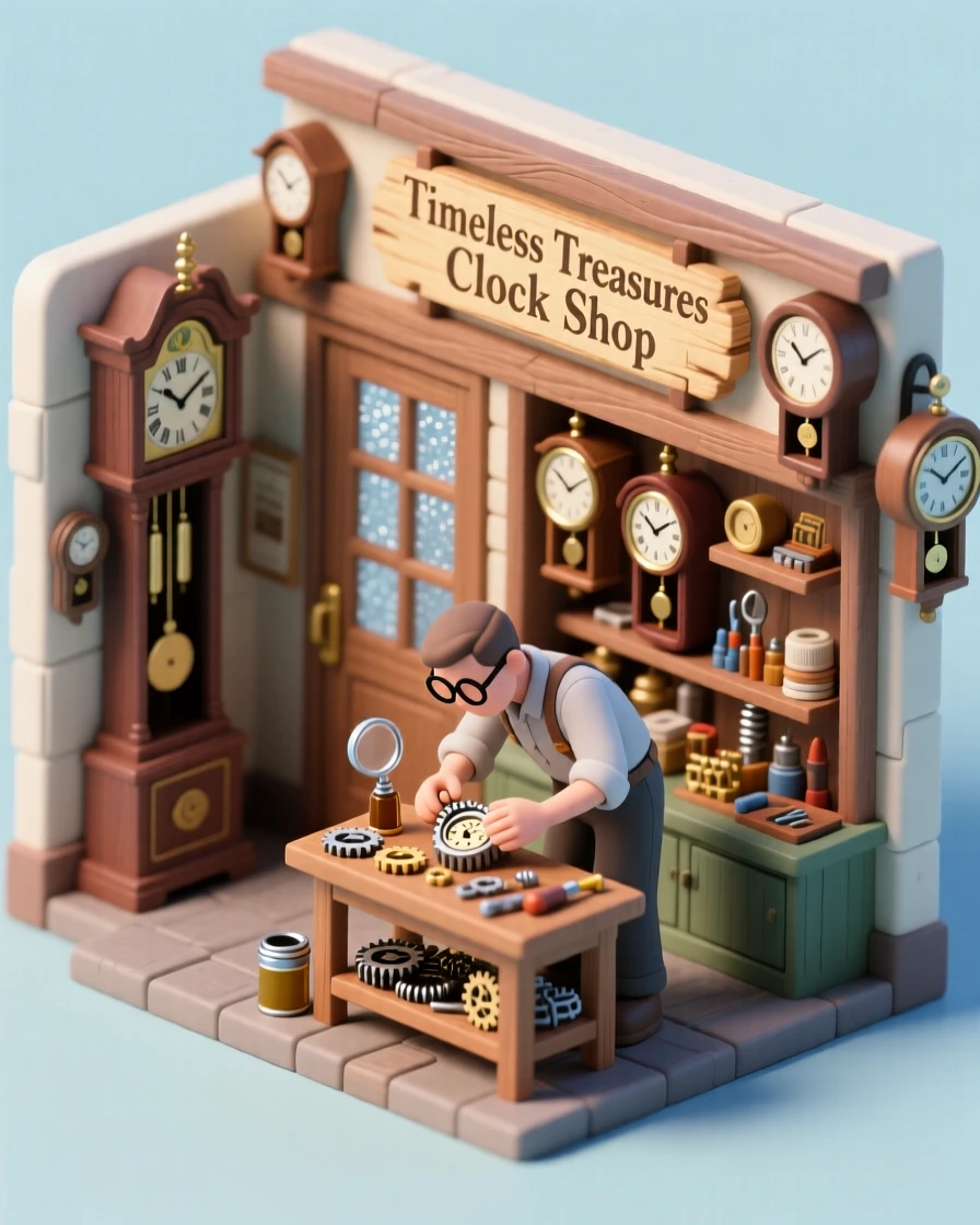 A quaint small-town clock shop with dozens of clocks ticking in unison, a repairman bent over a delicate mechanism.