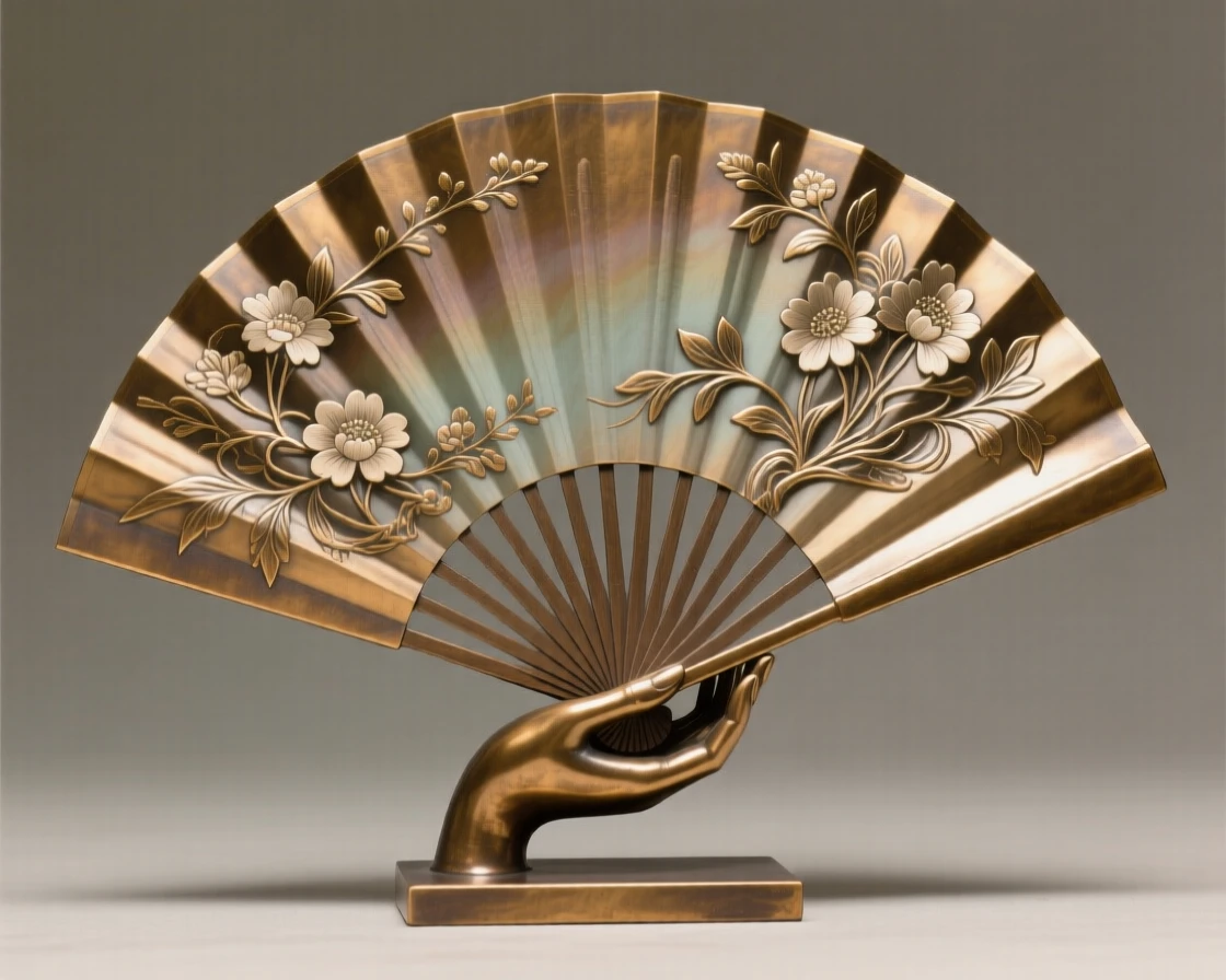 A delicate hand-painted fan spread in full display, rendered with exquisite, luminous detail, radiating elegance and refinement