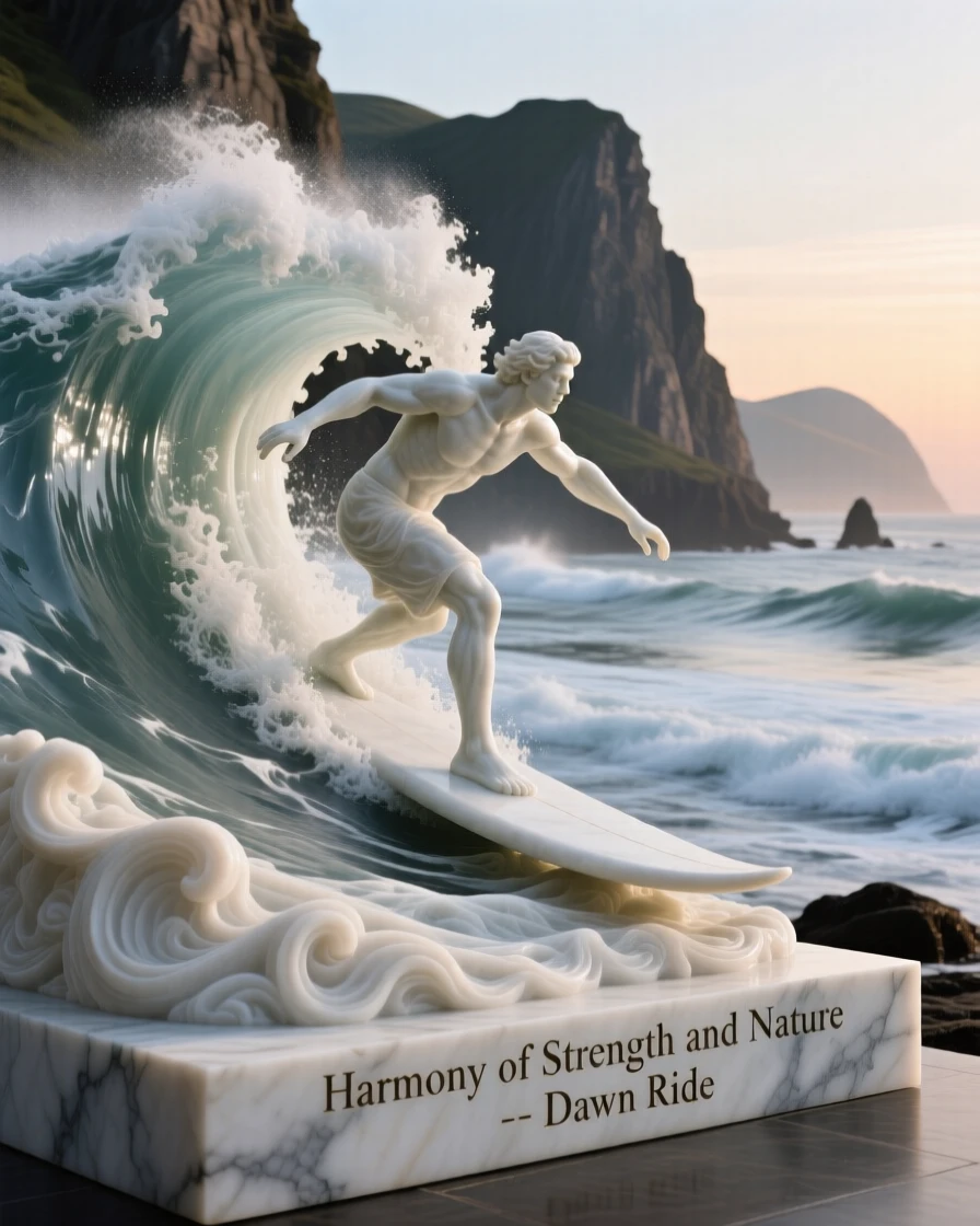 An evocative depiction of a surfer riding a towering wave at dawn, framed by dramatic natural scenery, balancing detail with emotional depth