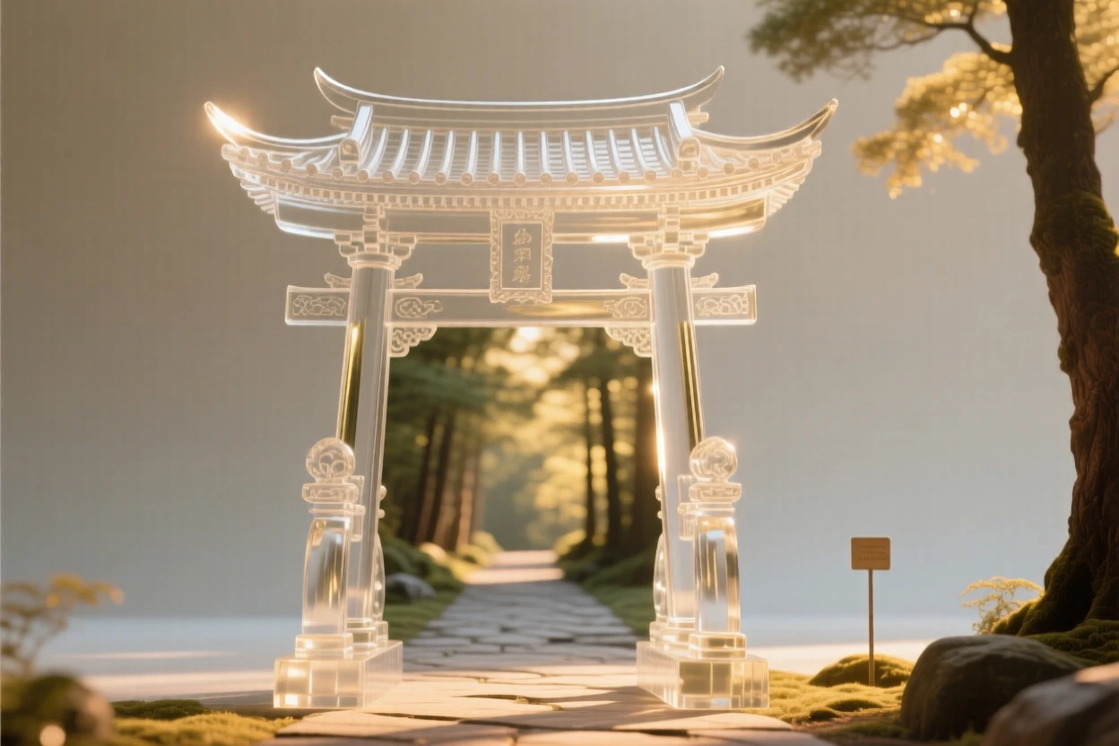 A temple gate standing at the entrance to a quiet forest path as golden light spills across the surrounding courtyard