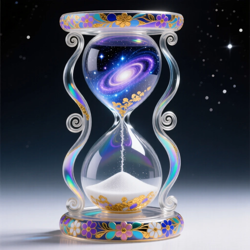 A giant hourglass filled with galaxies instead of sand, cosmic and surreal.