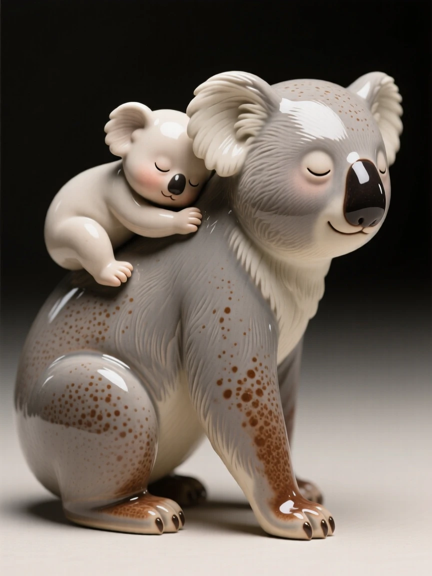 A sleepy baby koala clinging to its mother's back caught mid-wobble in a first clumsy step, dotted with tiny, delicate freckled markings, stirring an overwhelming urge to smile.