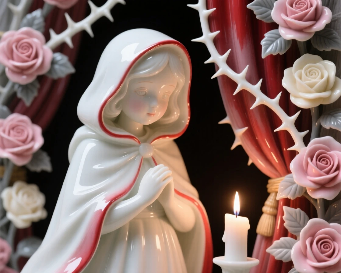 A storybook depiction of Little Red Riding Hood surrounded by a curtain of roses and thorns, softly lit as if illuminated by a single candle.