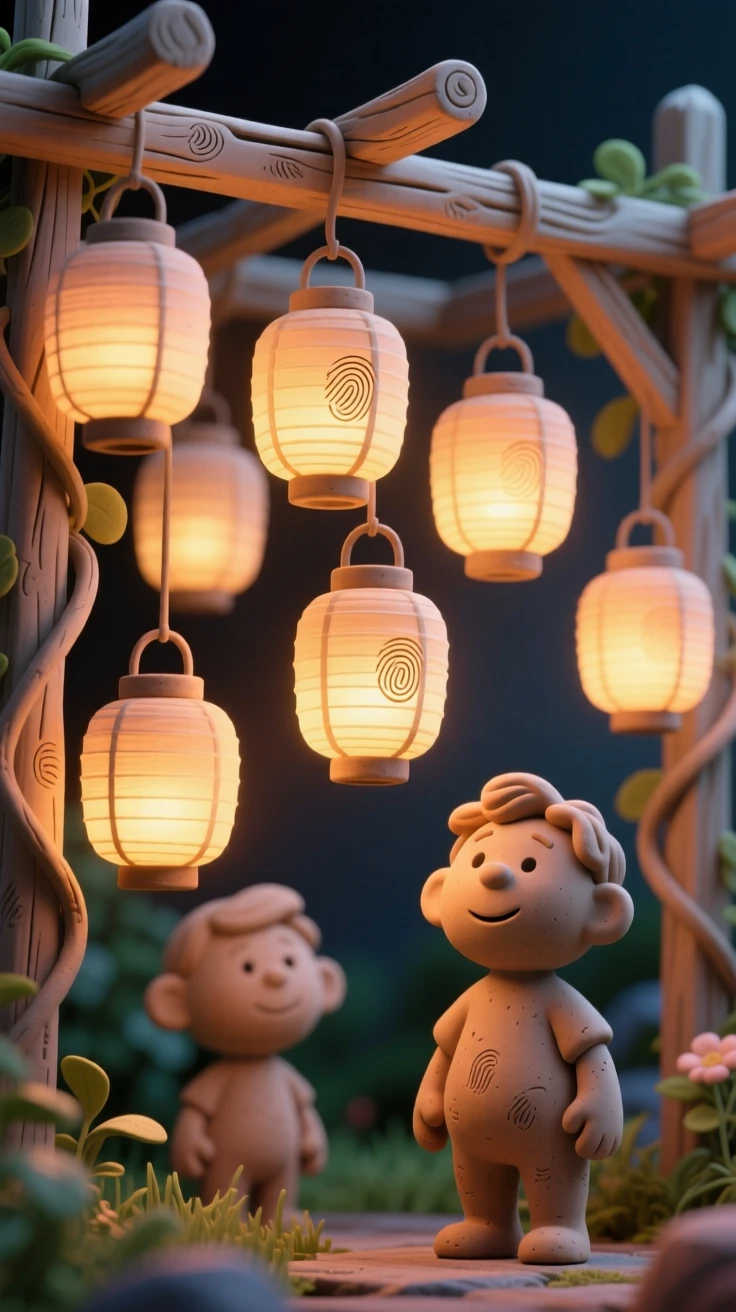 A cluster of glowing lanterns hanging from a garden trellis