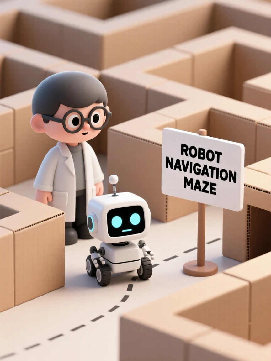 A curious robotics student programs a small wheeled robot to navigate a maze of cardboard walls.