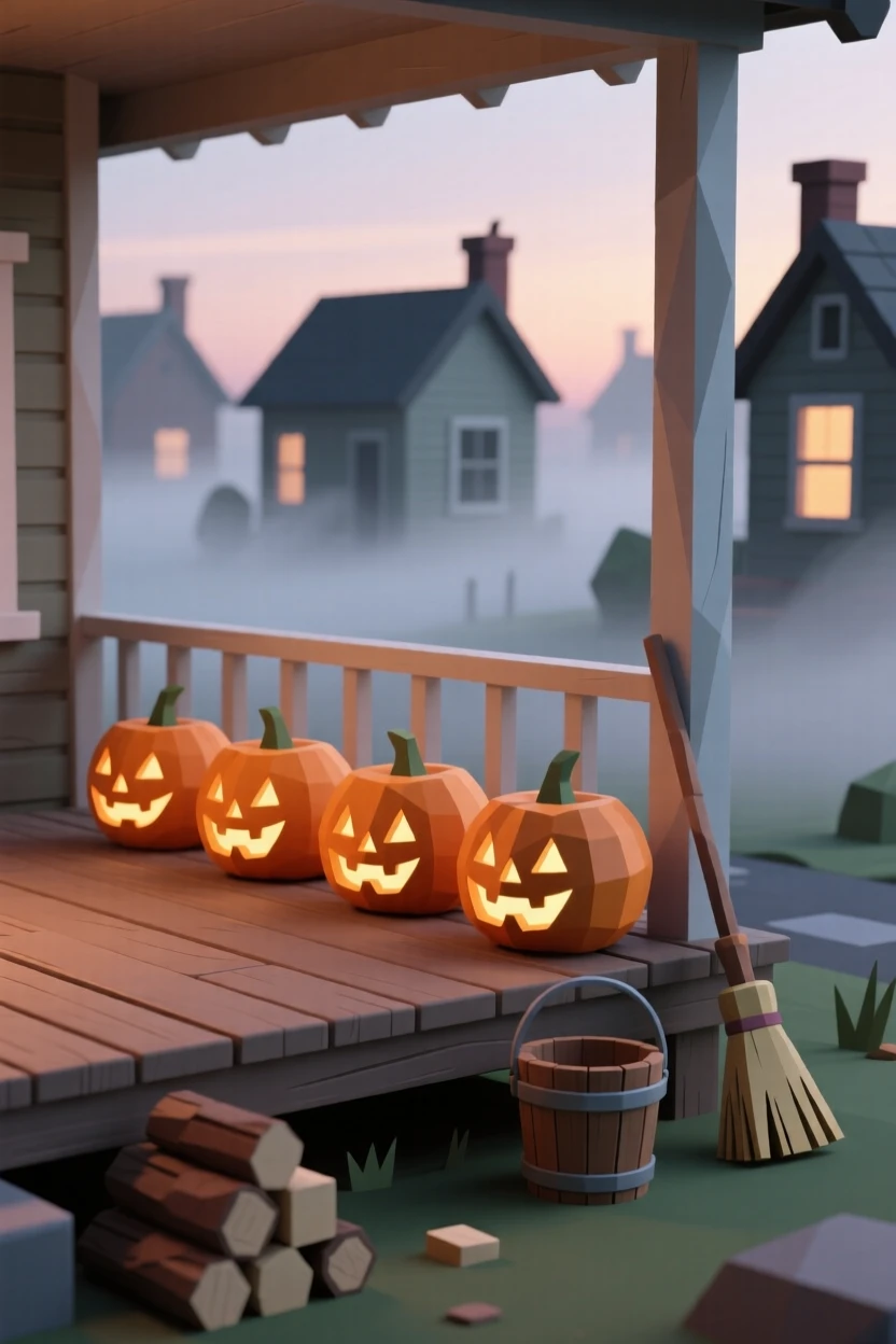 A row of jack-o-lanterns glowing on a porch at dusk, as morning mist clears over a festive village. small charming details enrich the festive setting. The mood feels cozy and nostalgic.