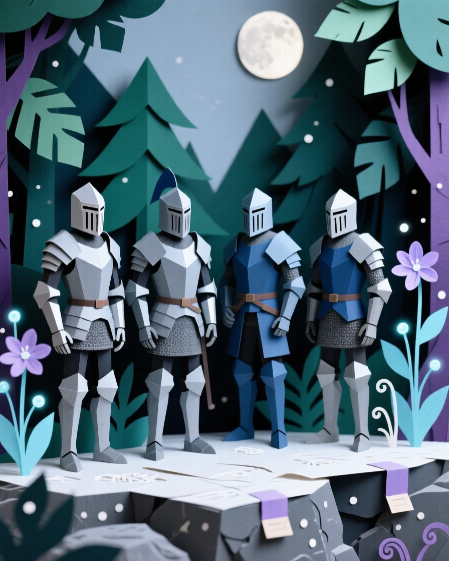 A band of armored knights standing at the edge of an enchanted forest, with luminescent plants lighting the surroundings, evoking a sense of legend and myth.