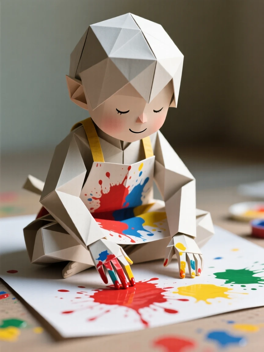 A child painting with fingerpaints, hands and apron covered in bright colorful smudges.