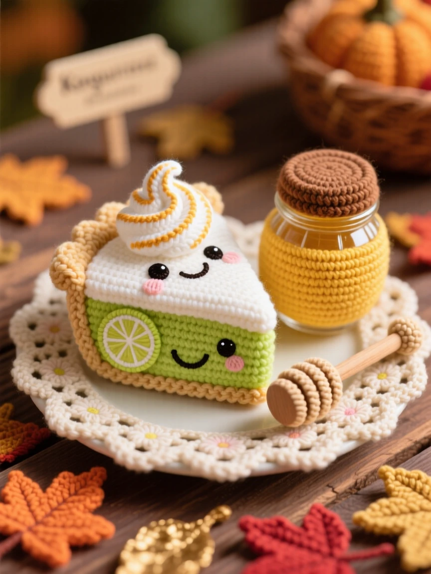 a happy slice of key lime pie, topped with a swirl of meringue, is shown served on a small vintage plate on a warm autumn harvest table beside a small jar of honey with a wooden dipper, capturing bright, appetizing cheerfulness.
