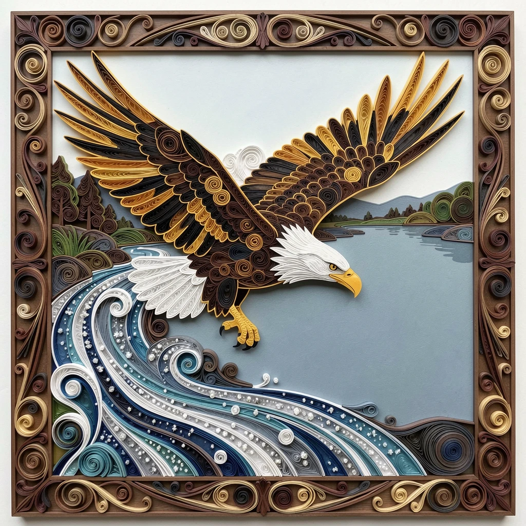 A striking wildlife scene of a bald eagle diving toward a rushing river beside a still, glassy expanse of water, with warm golden light rimming the fur or feathers, composed with the animal as a striking central focal point.