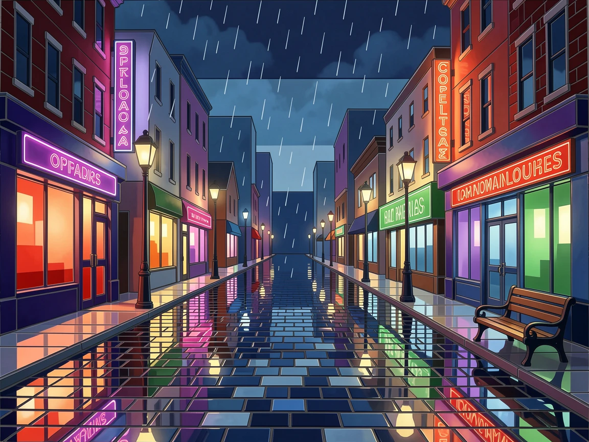 A charming, nostalgic scene of a rainy city street reflecting colorful neon lights at night, evoking calm and comfort.