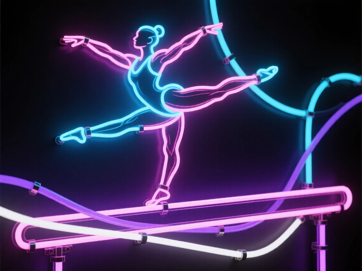 A gymnast balancing on a beam mid-routine.