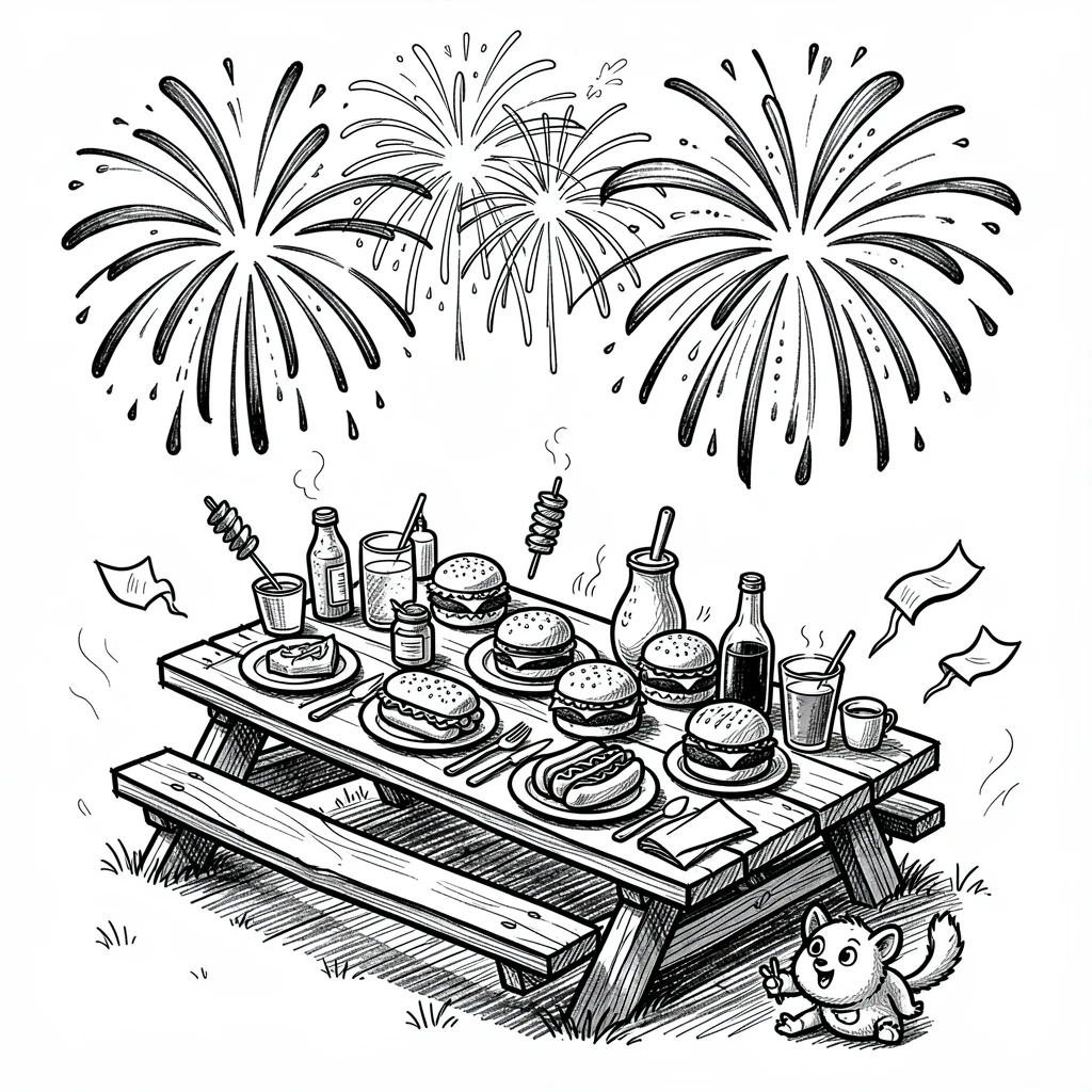 A picnic table set for a summer barbecue under a sky full of fireworks.