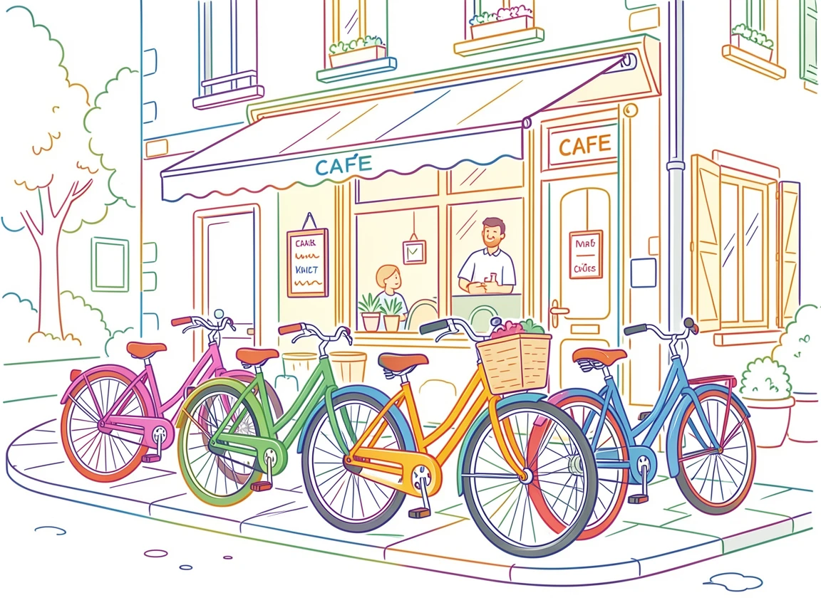 A row of colorful bicycles parked outside a café in a European town.
