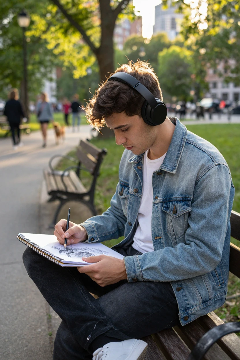 A young artist sketching in a park with headphones on