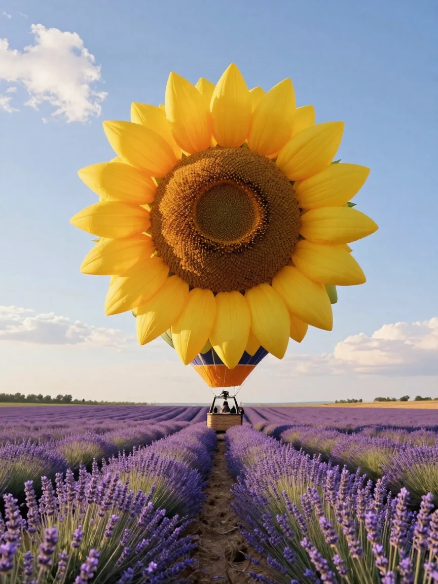 A hot air balloon shaped like a giant sunflower drifts over a lavender field.