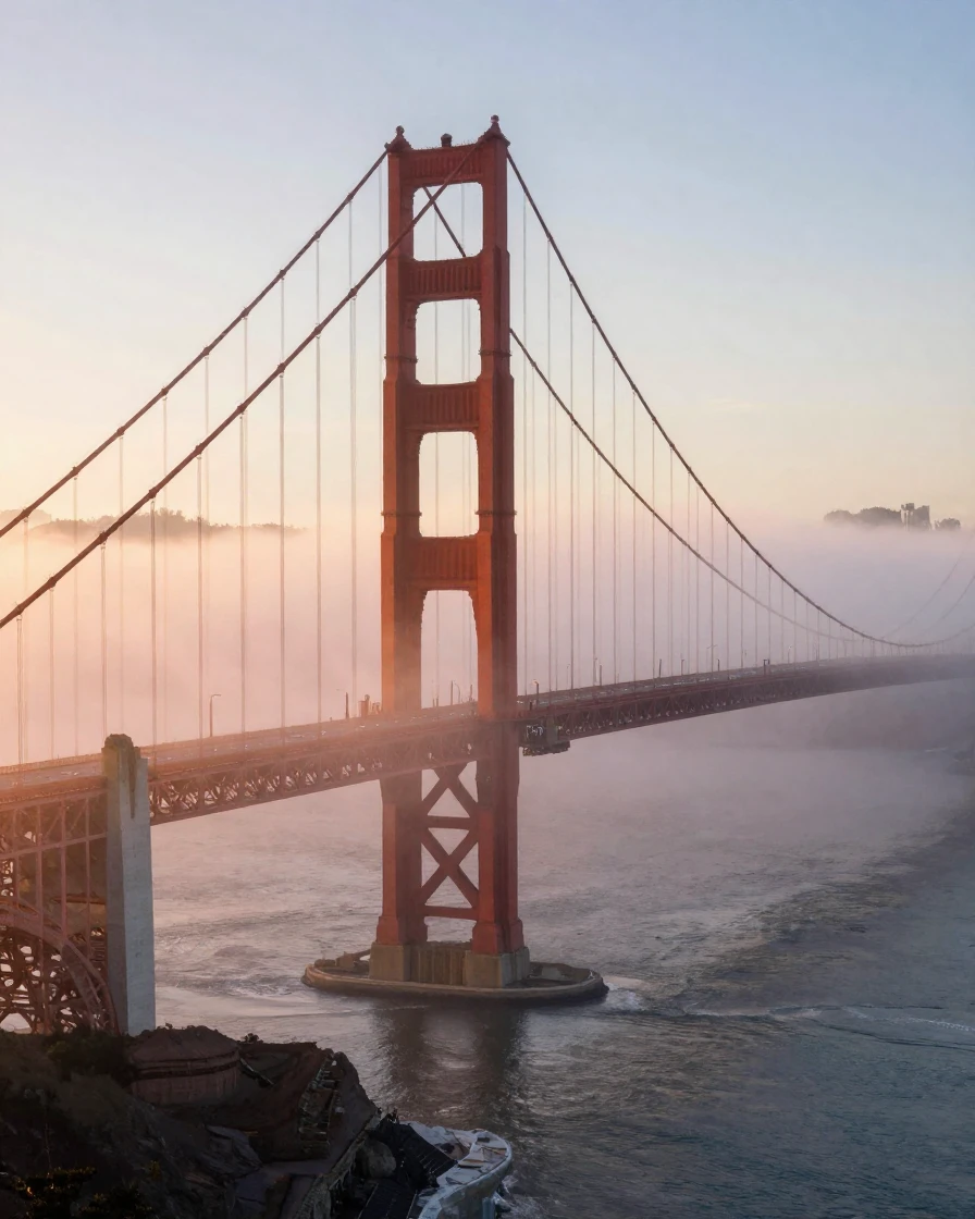 The Golden Gate Bridge emerging through rolling fog above San Francisco Bay