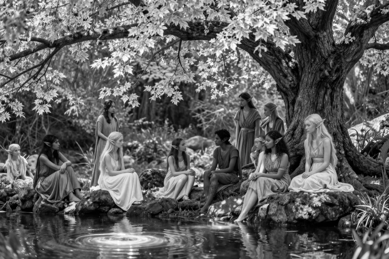 A group of elves gathers beneath an ancient silver tree beside a glowing woodland pool.