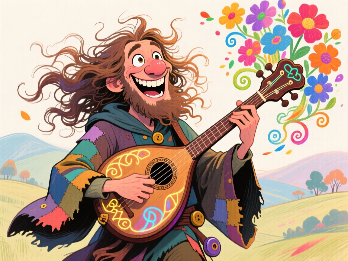 A wandering bard playing an enchanted lute that makes flowers bloom nearby.