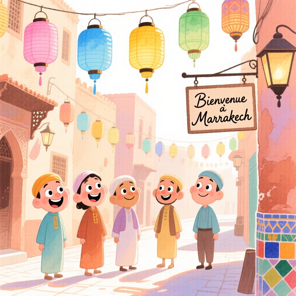 A dreamy travel postcard scene of the streets of Marrakech filled with colorful lanterns bathed in warm morning light