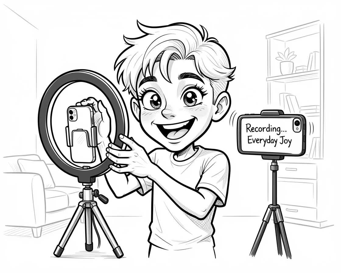 [Trending & Universal Topics] Modern lifestyle scene of a video creator setting up a ring light and camera for a vlog, capturing everyday joy
