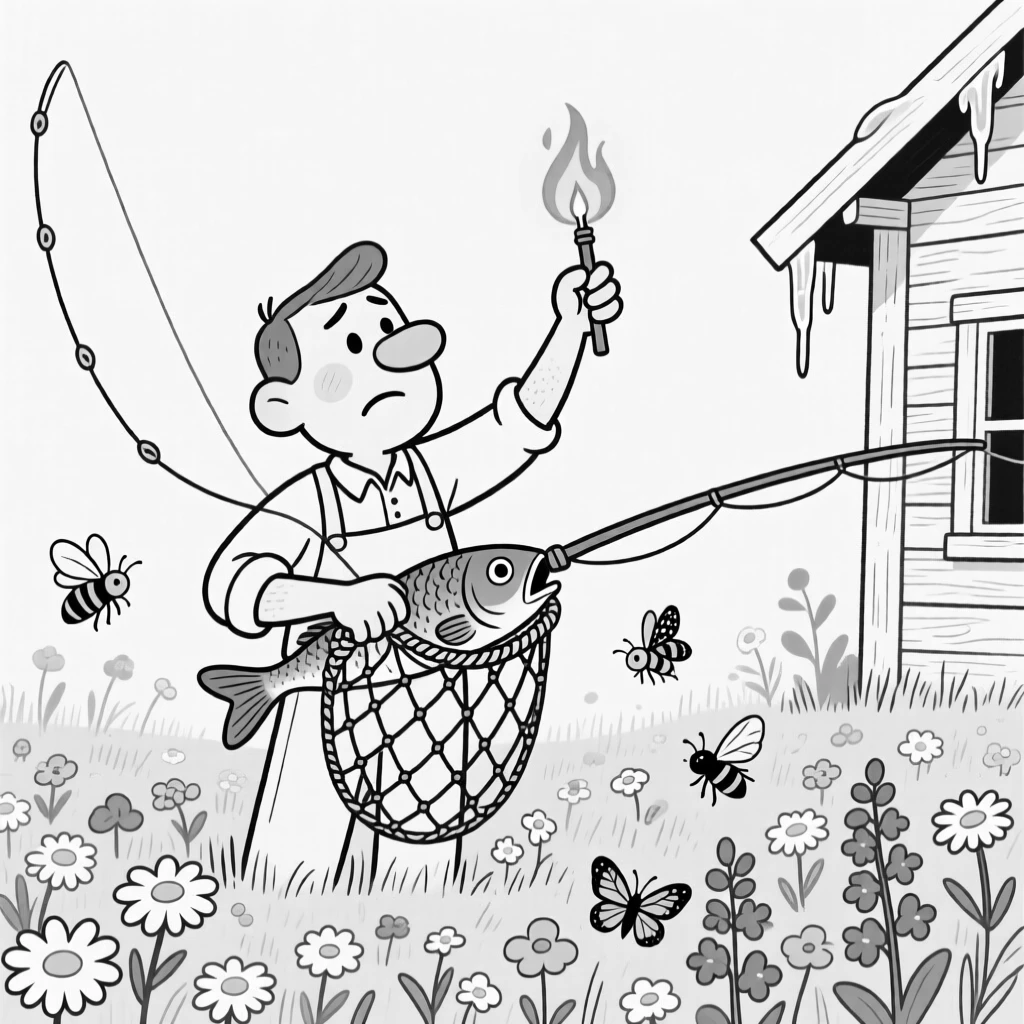 A fisherman untangling a hopelessly knotted net, waving the flaming marshmallow like a tiny torch, set in a wildflower meadow buzzing with life. Icicles hang from the eaves nearby. There's a fresh, playful energy woven through the moment.