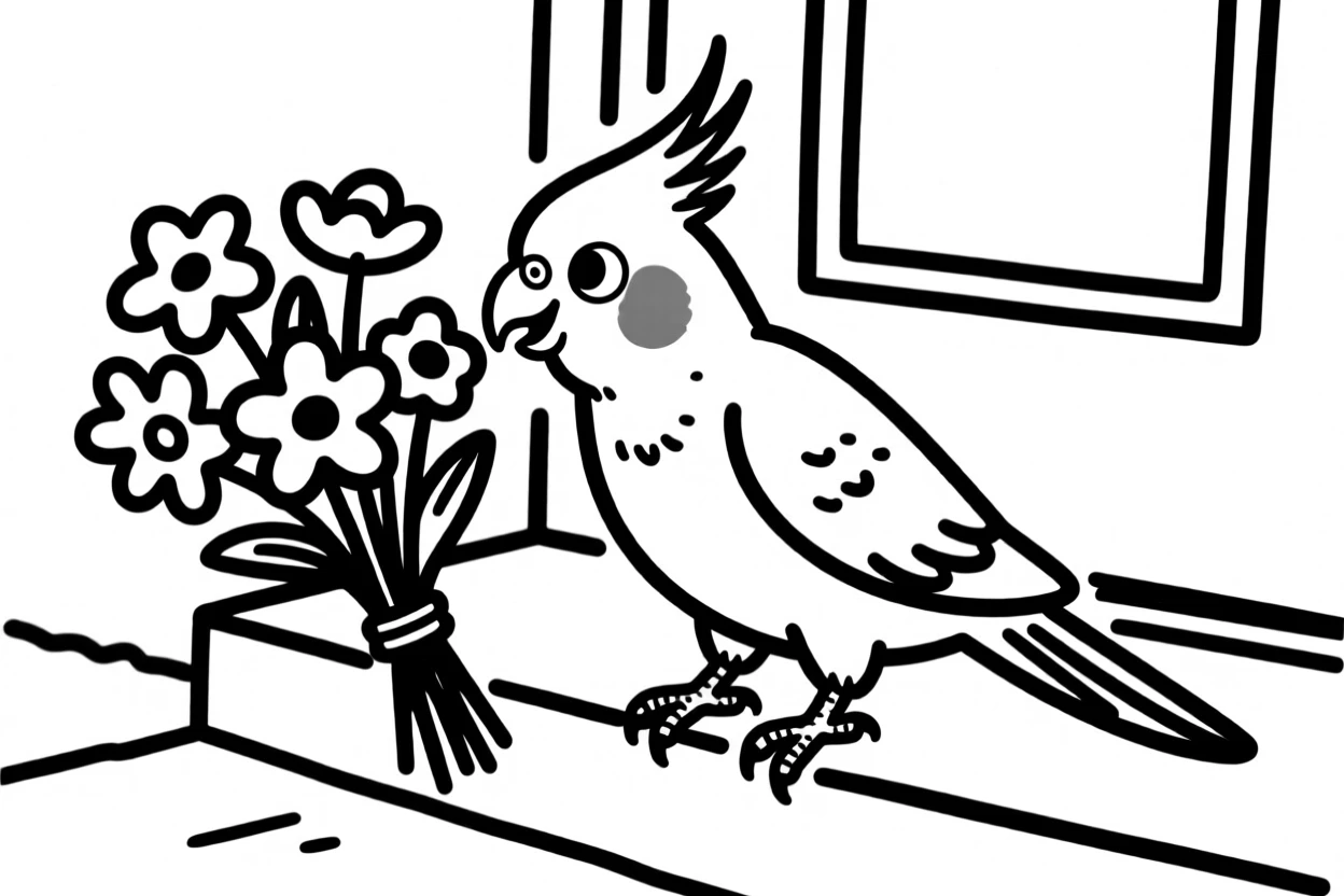 A cockatiel sniffing a bouquet of flowers on a doorstep, nose twitching.