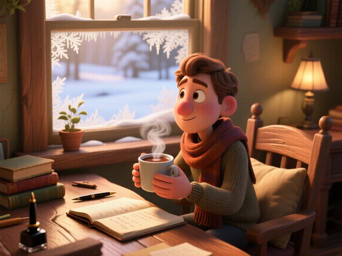 A writer sipping tea at a wooden desk sits beside a window streaked with morning frost, sipping a steaming mug of cocoa. A gentle nostalgia and calm settle over the scene, with warm shadows dancing on the walls.