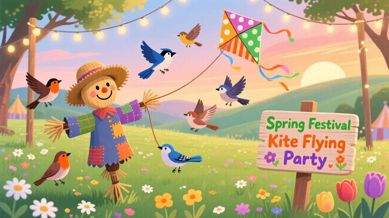 A scarecrow and a flock of birds spend the evening flying kites at a spring festival in a sunlit spring meadow, with twinkling lights strung overhead.