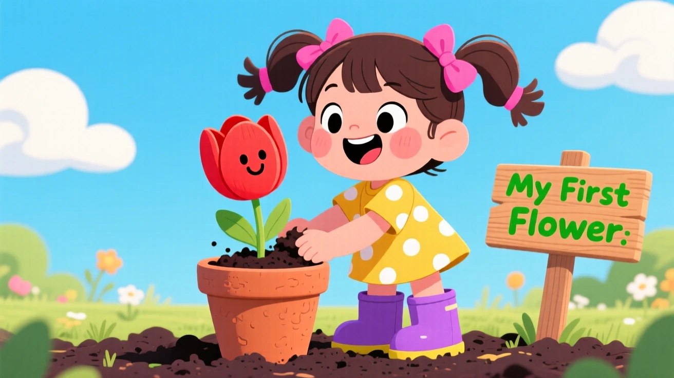 A little girl planting her first flower in a small clay pot.