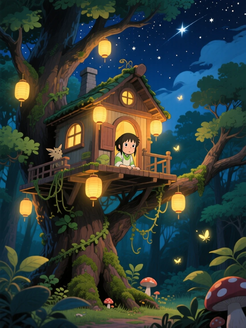A nighttime scene of a treehouse glowing with lantern light deep in a night forest, dreamlike beneath the stars.