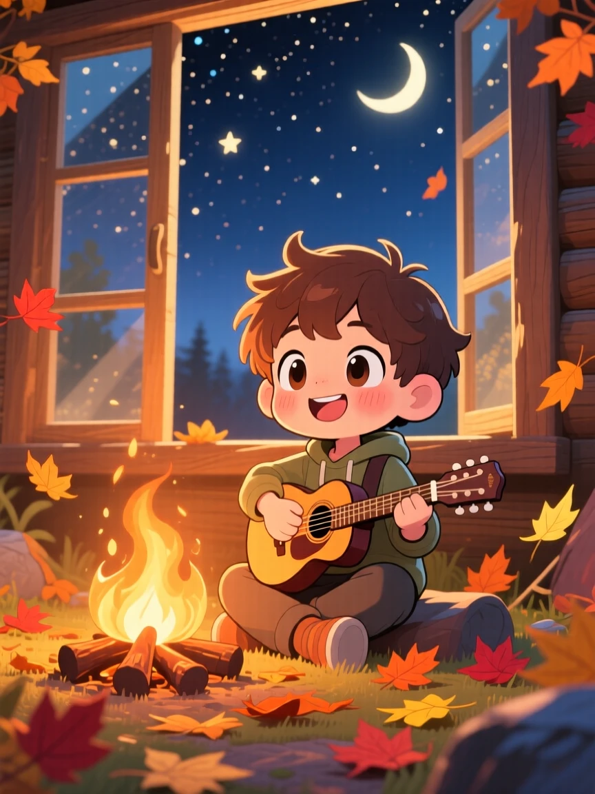 A young boy strumming a tiny guitar by a campfire in a starlit campsite with autumn leaves swirling around; soft golden-hour sunlight washes over the scene as warm affection fills the moment. Framed through a window.
