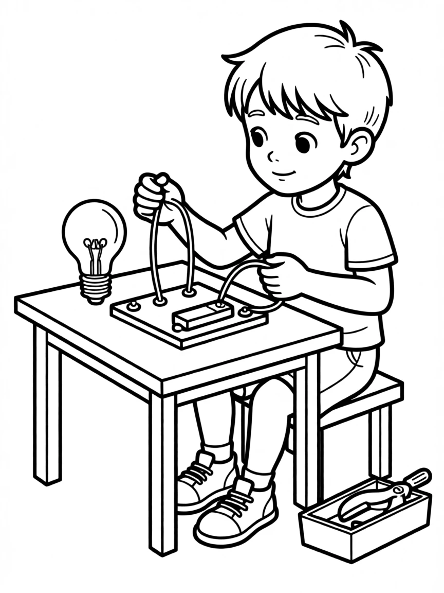 A young inventor building a simple circuit with a lightbulb