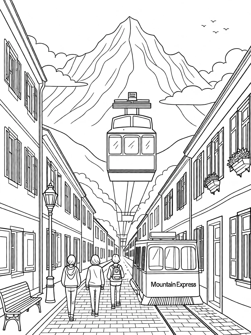 A cable car ascending toward a misty mountain peak, with cobblestone streets stretching into the distance.