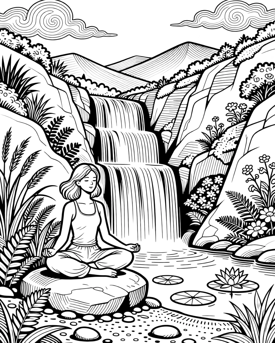 A woman meditating beneath a waterfall in a lush green valley.